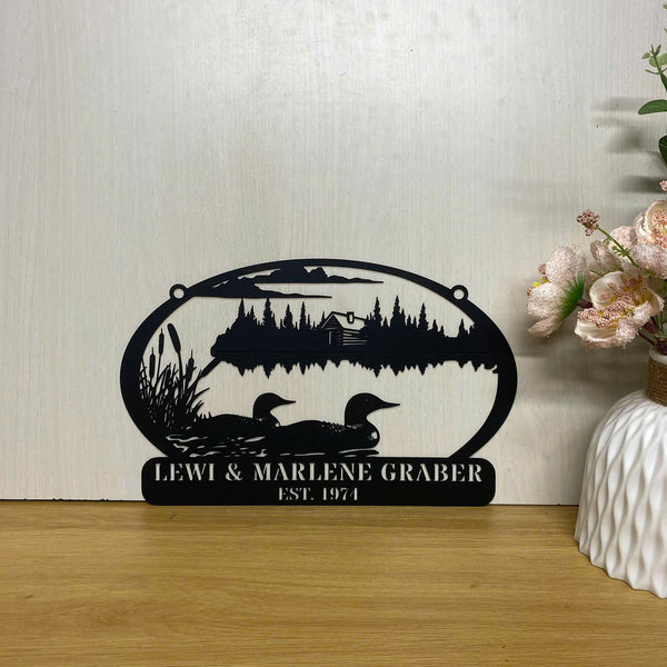 Custom Loon Duck Farmhouse Metal Wall Art, Personalized Duck Lake Scene Metal Name Sign, Waterfowl Loons Metal Art, Lake House Cabin Lodge Metal Decor