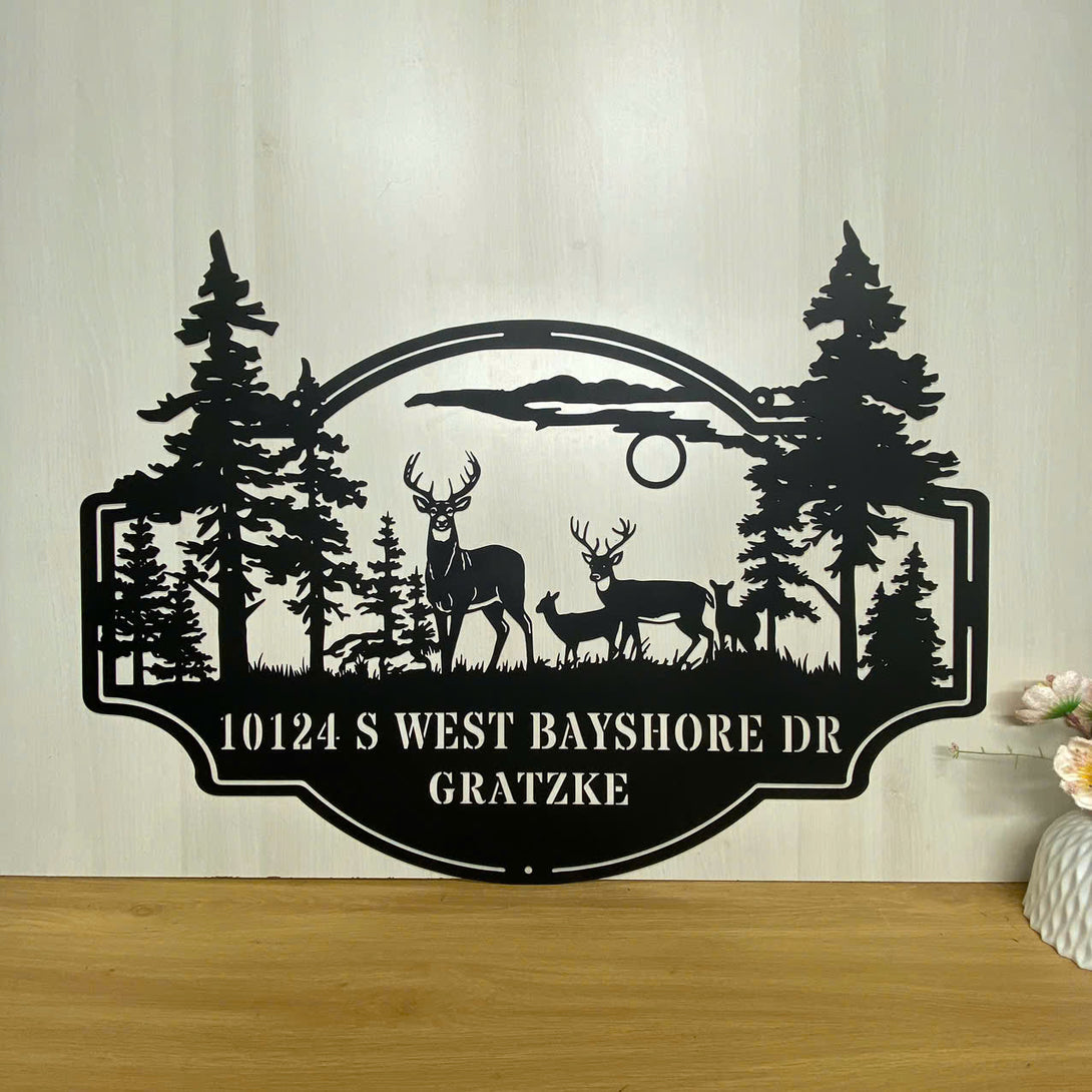 Personalized Family Name Forest Deer Metal Sign, Custom Deer Ranch Metal Wall Art, Wildlife Metal Art Door Hanging, Custom Wild Deer Metal Farm Sign