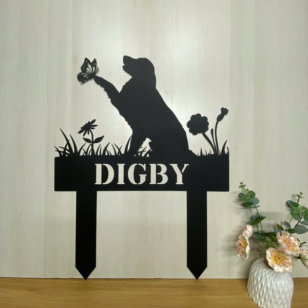 Personalized Golden Retriever Dog Memorial Garden Stake, Custom Dog Metal Grave Marker, Dog With Butterfly Metal Yard Sign, Pet Loss Remembrance Stake