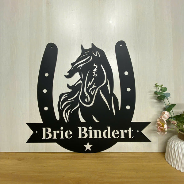 Custom Horseshoe Metal Wall Art Decor, Horse Head Metal Sign, Personalized Wild Horse Metal Name Sign, Horse Farm Ranch Front Door Metal Wall Sign