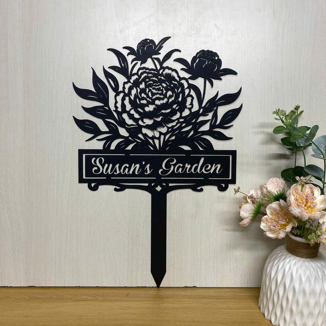 Custom Peony Flower Metal Garden Stake, Metal Peony Flowers Garden Yard Sign, Peony Garden Metal Decor, Custom Gardener Metal Name Sign