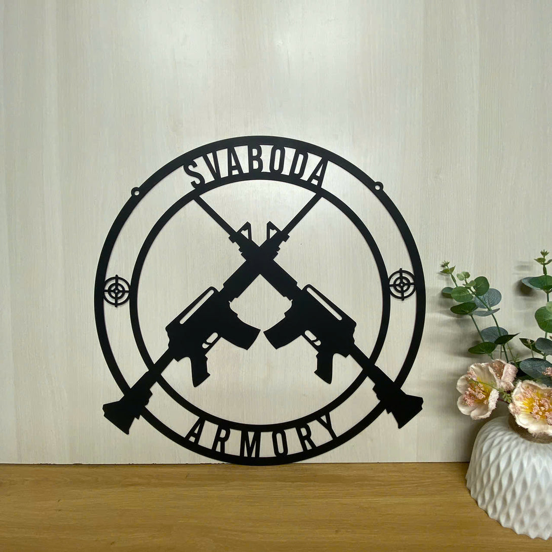 Custom Crossed Gun Metal Wall Art, Personalized Veteran Armory Metal Wall Sign, Military Gun Metal Wall Hanging Decor, 2nd Amendment Gun Metal Sign