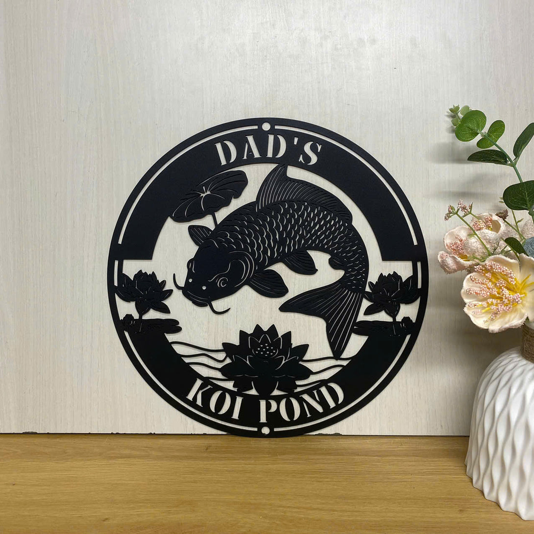 Personalized Koi Fish Lotus Pond Metal Wall Hanging, Koi Fish Monogram Metal Name Sign, Custom Koi Pond Metal Sign, Koi Fish Metal Wall Art Home Decor