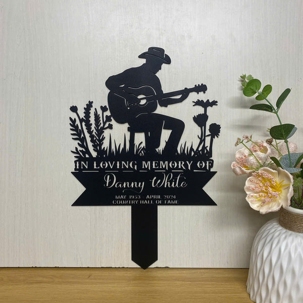 Custom Man Playing Guitar Memorial Metal Stake, Personalized Name Guitarist Metal Gravesite Marker, Guitar Lover Remembrance Stake, Cemetery Stake