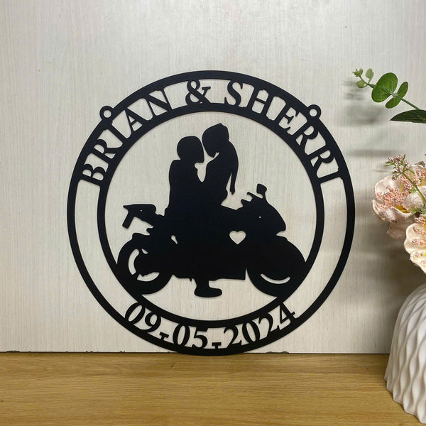 Custom Couple Motorcycle Monogram Metal Wall Art, Personalized Biker Couple Names Metal Wall Sign, Motorbiker Wedding Anniversary Metal Sign Decor