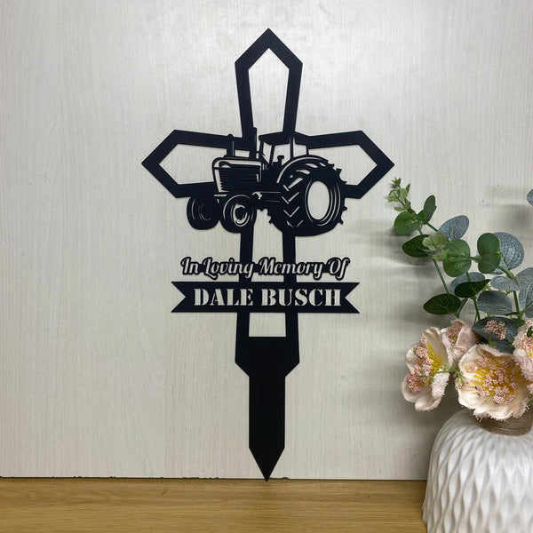 Custom Farm Tractor Memorial Cross Metal Sign With Stake, Personalized Farmer Memorial Metal Yard Stake, Farmer Loss Dad Loss Metal Garve Maker