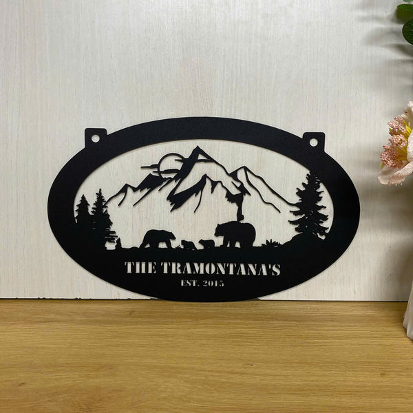 Personalized Mountain Bears Metal Farm Sign, Custom Family Name Nature Wild Bear Metal Sign, Bears In Woods Metal Cabin Sign, Forest Bear Metal Sign