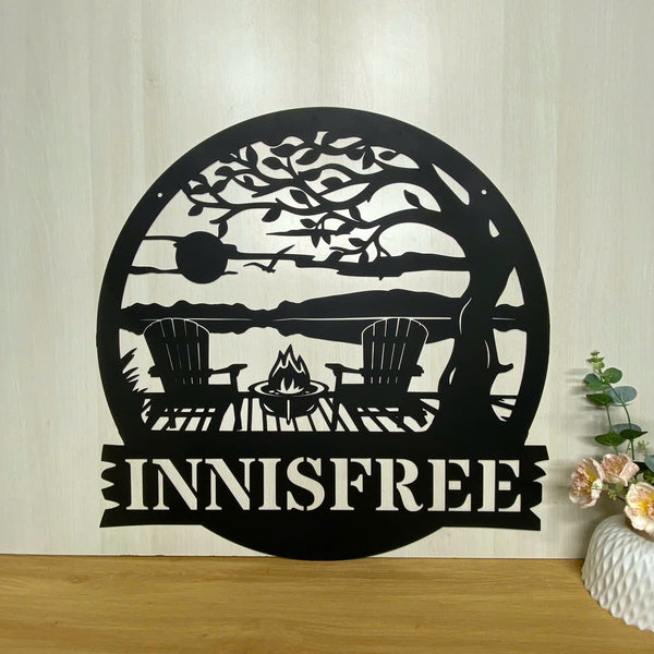 Custom Lake House Camping Outdoor Metal Sign, Camping Forest Lake Scene Cabin Metal Wall Hanging Sign, Personalized Lake House Family Name Metal Sign