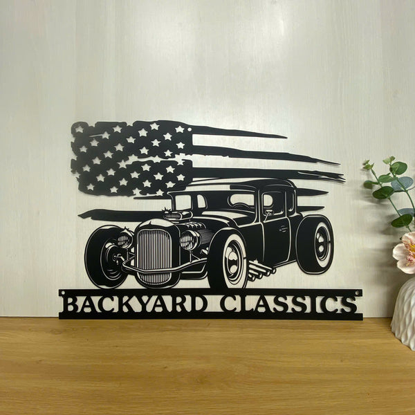 Personalized Us Flag Hot Rod Metal Sign, Custom Garage Man Cave Metal Wall Hanging Decor, Hot Rod Metal Wall Art, Us Hot Rod Metal Garage Sign