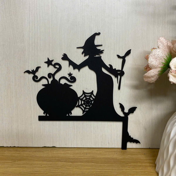 Witch With Cauldron And Bat Halloween Metal Door Topper, Wicked Witch Metal Door Corner Sign Halloween Decor, Halloween Door Corner Metal Hanging Sign