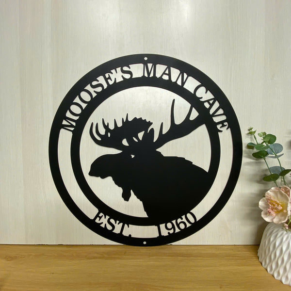 Custom Moose Monogram Metal Wall Art, Personalized Wild Moose Hunting Metal Sign With Name, Mountain Moose Cabin Lodge Man Cave Metal Sign