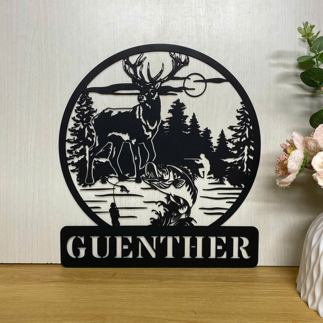 Personalized Deer Hunting Fishing Outdoor Metal Sign, Custom Hunter Fisherman Metal Name Sign, Wildlife Hunting Metal Cabin Decor, Hunting Lodge Sign