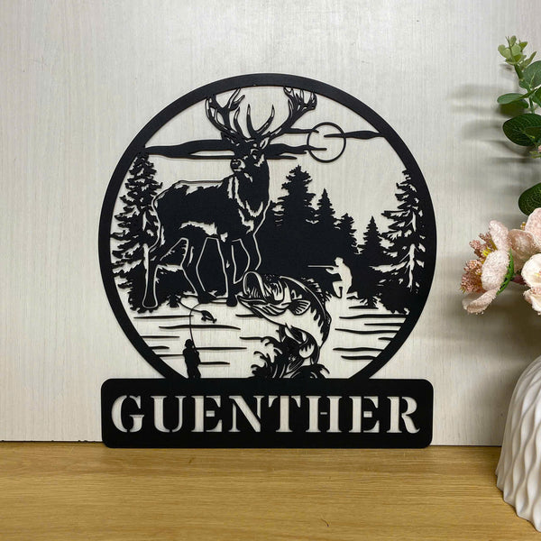 Personalized Deer Hunting Fishing Outdoor Metal Sign, Custom Hunter Fisherman Metal Name Sign, Wildlife Hunting Metal Cabin Decor, Hunting Lodge Sign