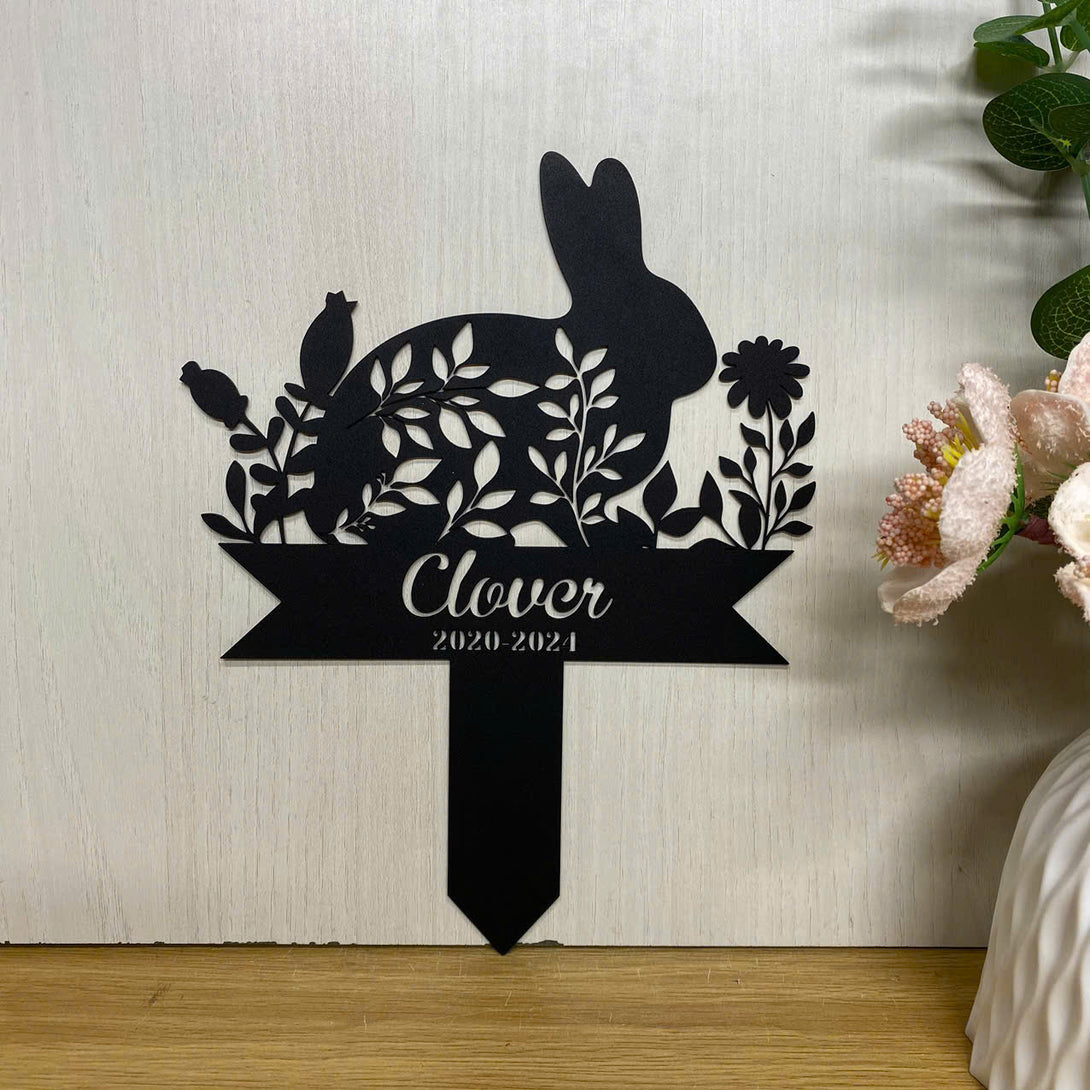 Personalized Floral Rabbit Memorial Metal Stake, Custom Bunny Metal Garden Stake, Rabbit Silhouette Metal Yard Sign, Rabbit Loss Remembrance Stake