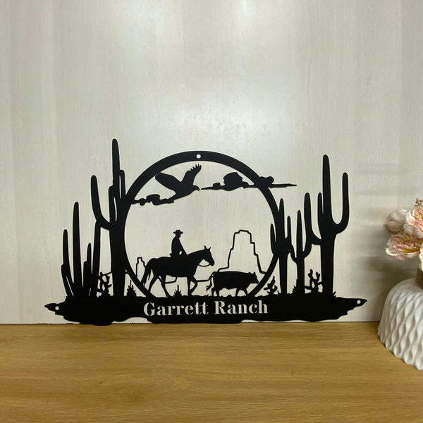 Personalized Cowboy & Cactus Desert Metal Sign, Desert Western Nature Scene Cowboy Metal Wall Art,custom Family Name Metal Sign, Metal Horse Farm Sign