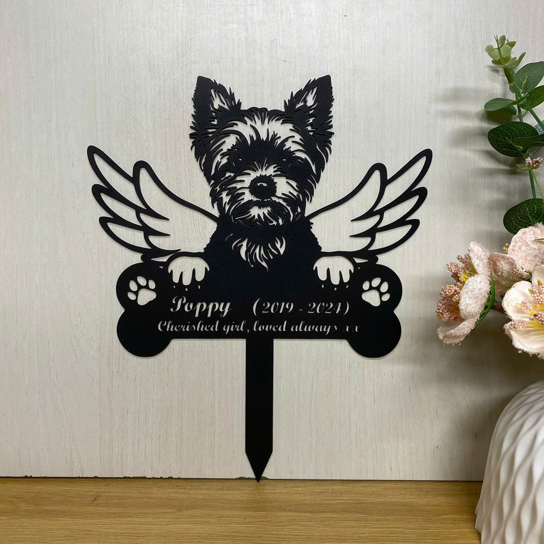 Personalized Dog Memorial Metal Stake, Dog With Angel Wings Metal Garden Sign, Yorkie Dog Metal Yard Sign, Dog Grave Marker, Pet Remembrance Stake