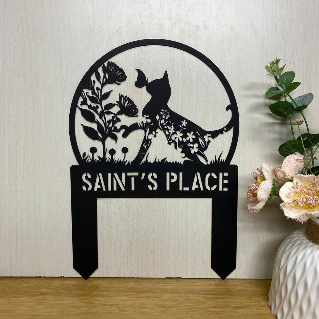 Personalized Cat Garden Name Sign Stakes, Custom Cat With Flowers Outdoor Lawn Yard Sign, Cat In Garden Metal Stake, Metal Floral Cat Memorial Stake