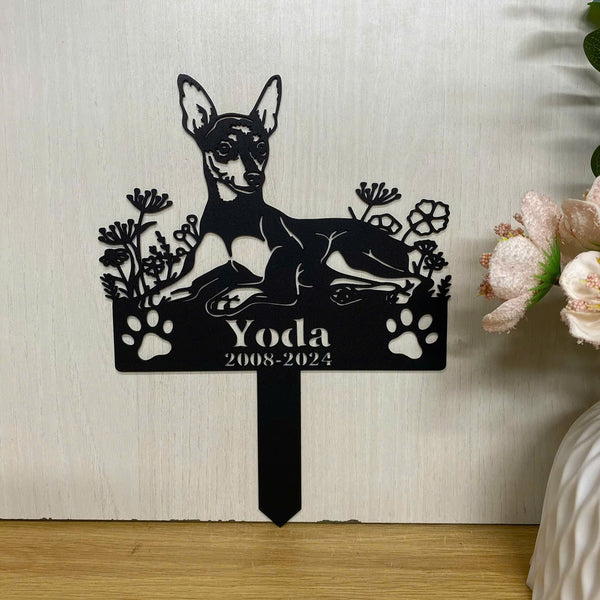 Custom Miniature Pinscher Dog Memorial Metal Stake, Dog With Flowers Metal Garden Sign, Dog Grave Marker, Pet Loss Sympathy Sign, Remembrance Stake