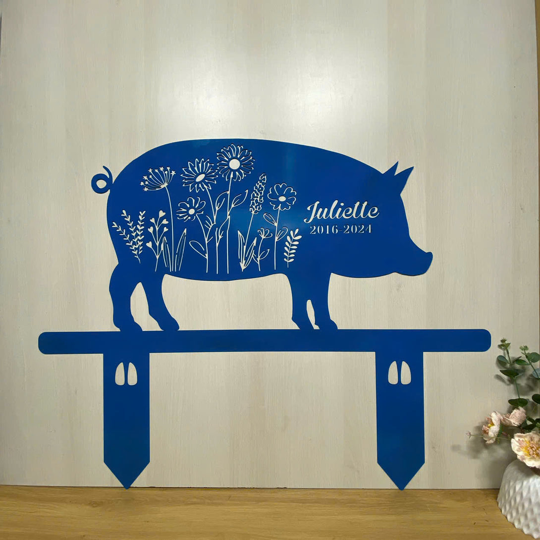 Custom Floral Pig Memorial Metal Garden Stake, Personalized Pig Metal Yard Sign With Stake, Pig Loss Remembrance Stake, Farm Animal Metal Grave Marker