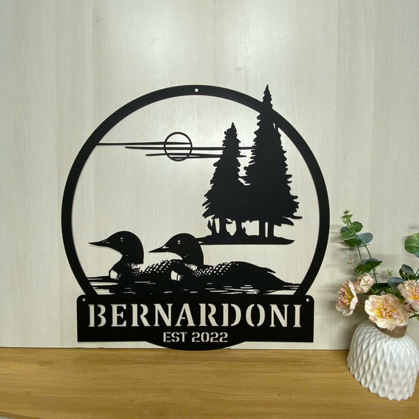 Custom Loon Duck Lake House Metal Wall Art, Personalized Duck Lake Scene Metal Name Sign, Waterfowl Loons Metal Wall Art, Farm Cabin Lodge Decor