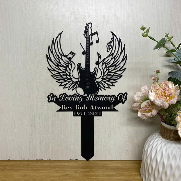 Custom Guitar Angel Wings Metal Garden Stake, Personalized Guitarist Memorial Metal Garden Stake, Guitarist Loss Remembrance Yard Sign, Sympathy Sign