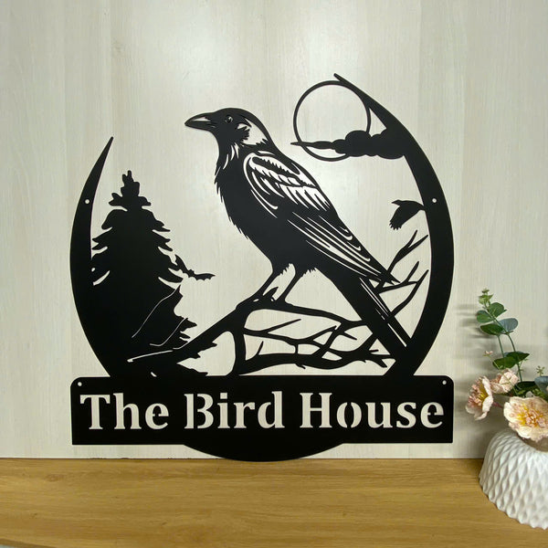 Custom Black Crow Birds Metal Name Sign, Personalized Black Raven Metal Sign, Raven Monogram Metal Wall Art, Raven Bird House Metal Sign Decor