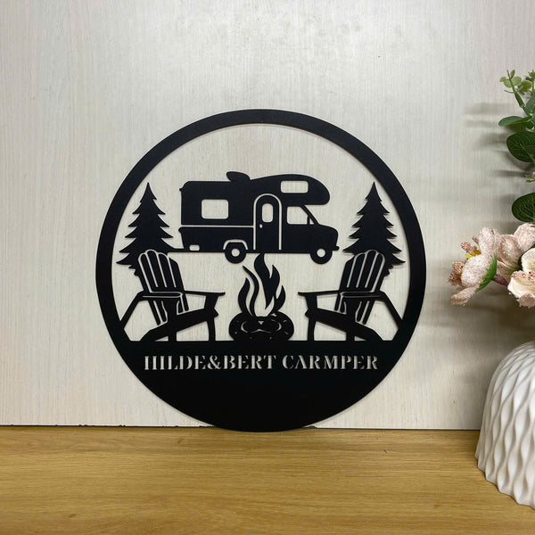 Personalized Fire Pit Camping Monogram Metal Wall Art, Custom Family Name Camping Van Rv Trailer Metal Sign, Happy Camper Metal Sign Campsite Decor