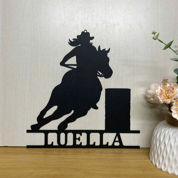 Personalized Female Barrel Racing Metal Sign, Custom Barrel Racing Galloping Horse Metal Sign, Racer Metal Name Sign, Barrel Racing Team Roping Sign