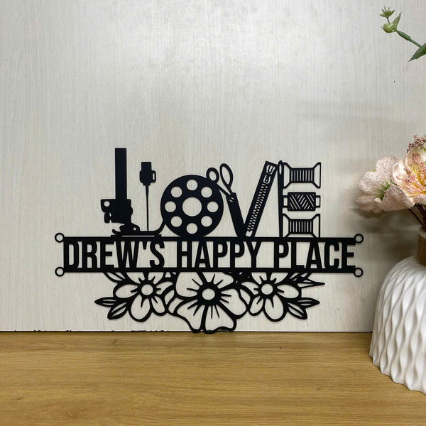Personalized Sewing Tools Craft Room Metal Name Sign, Custom Metal Craft Tools Quilting Sign With Name, Floral Sewing Room Monogram Metal Wall Art