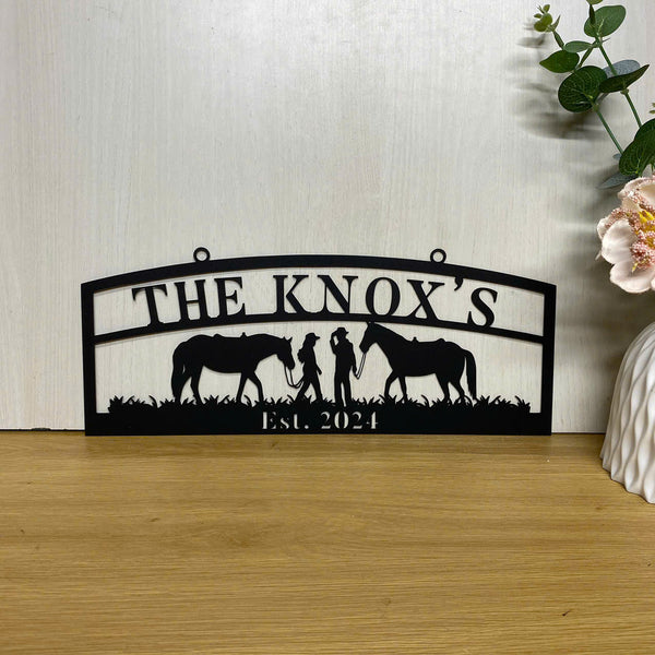 Personalized Cowboy And Cowgirl Couple Metal Sign, Horse Ranch Metal Wall Art, Custom Farmhouse Family Name Metal Sign, Metal Horse Farm Sign