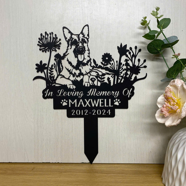 Custom German Shepherd Dog Memorial Stake, German Shepherd Dog Grave Marker, Dog With Flowers Metal Stake, Pet Loss Sympathy Sign, Remembrance Stake