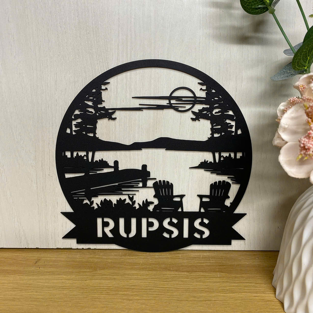 Personalized Monogram Lake Scene Metal Sign, Custom Lake House Name Sign, Lake House Outdoor Decor, Camping Forest Lake Sign, Front Porch Metal Decor