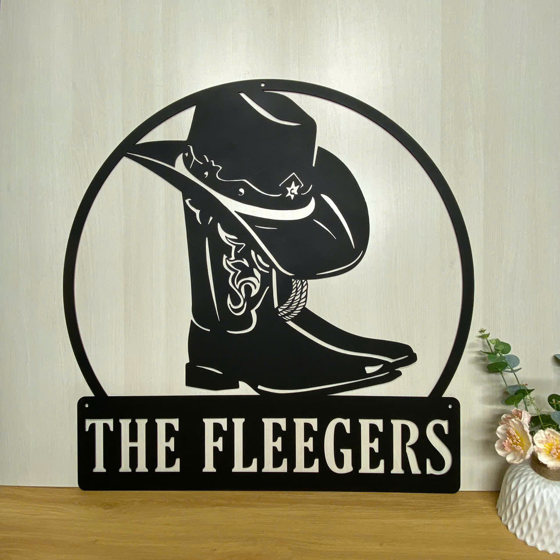 Custom Cowboy Metal Wall Art With Name, Cowboy Hat And Boots Metal Sign, Personalized Western Cowboy Metal Sign Wall Decor