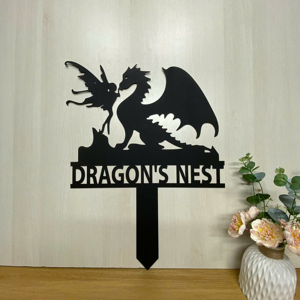 Personalized Dragon & Fairy Metal Garden Stake, Dragon Fairy Metal Stake, Fairy And Dragon Metal Yard Sign, Dragon And Fairy Metal Garden Sign