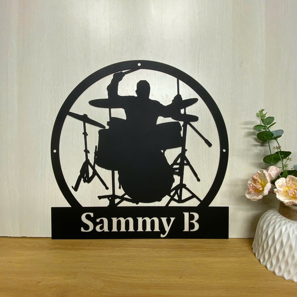 Personalized Name Drummer Metal Wall Hanging Sign, Custom Drum Set Metal Wall Art, Drum Set Rock Music Band Sign, Drum Musical Instrument Metal Sign