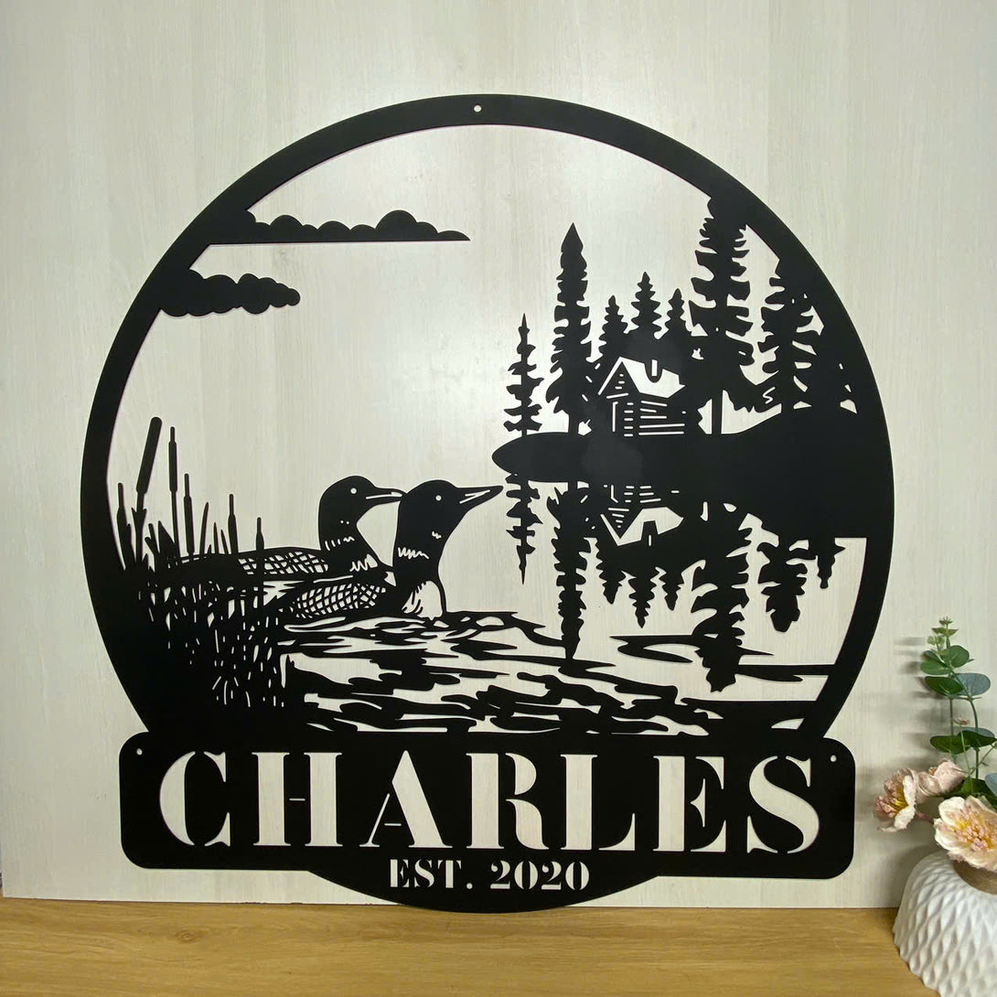 Custom Loon Duck Cabin Metal Wall Art, Personalized Duck Lake House Metal Name Sign, Waterfowl Loons Metal Wall Art, Loon Cabin Lodge Metal Decor