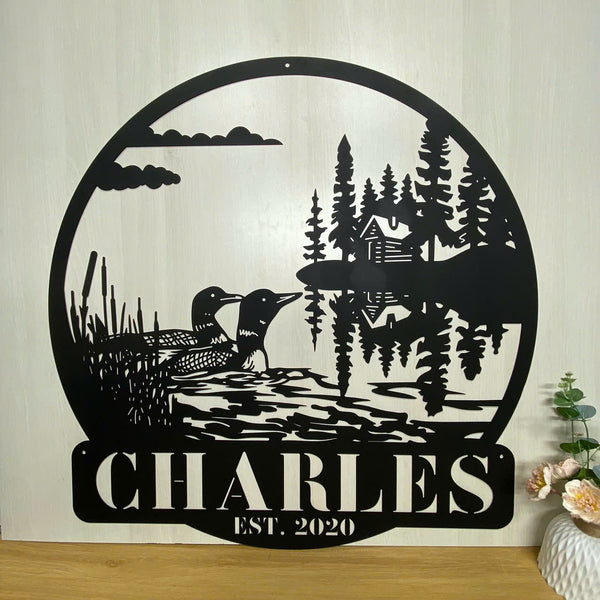 Custom Loon Duck Cabin Metal Wall Art, Personalized Duck Lake House Metal Name Sign, Waterfowl Loons Metal Wall Art, Loon Cabin Lodge Metal Decor