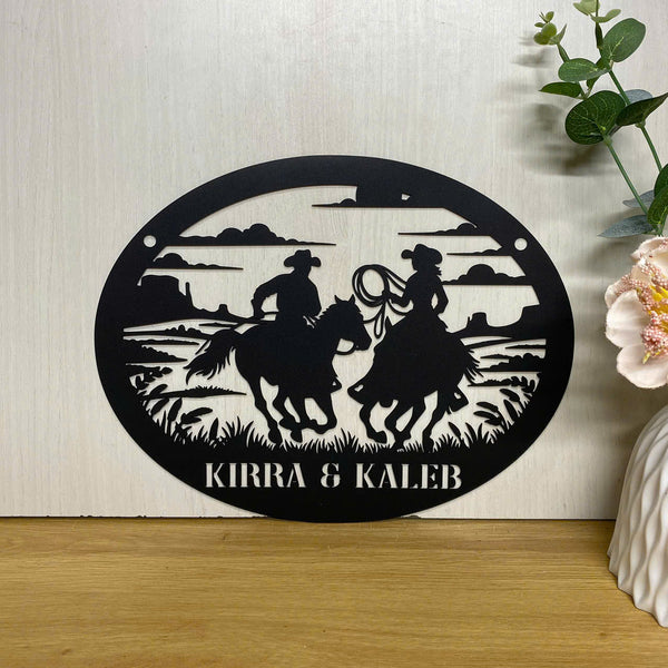 Personalized Couple Cowboy Cowgirl Metal Wall Art, Cowboy Farmhouse Family Name Metal Sign, Horse Ranch Metal Sign With Name, Metal Horse Farm Sign