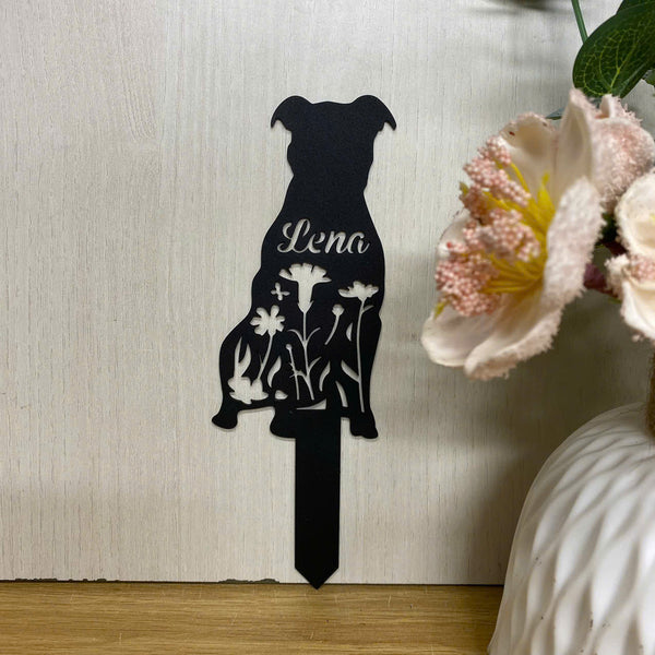 Personalized Pitbull Terrier Dog Memorial Metal Stake, Floral Dog Garden Stake, Custom Pitbull Dog Name Metal Yard Stake, Metal Pet Loss Grave Marker