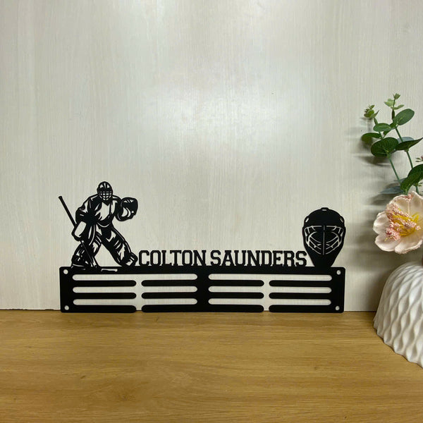 Custom Name Hockey Goalie Medal Hanger, Hockey Medal Holder Display Rack For Awards And Ribbons, Hockey Sport Tiered Award Rack Metal Sign