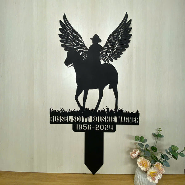 Custom Cowboy Memorial Metal Garden Stake, Angel Cowboy Riding Horse Metal Grave Marker, Western Cowboy Metal Sympathy Sign, Cowboy Loss Gift