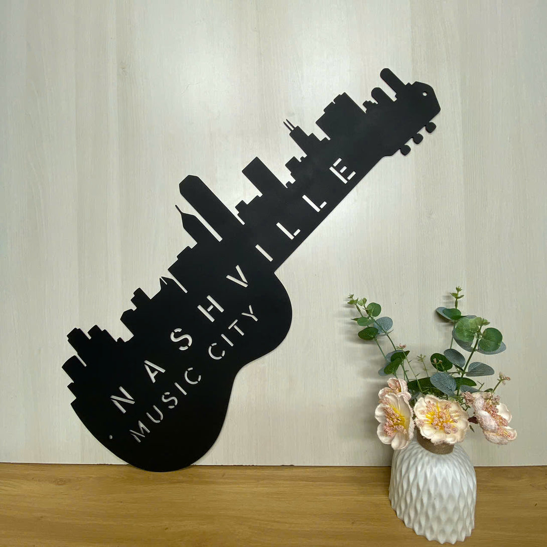 Nashville Skyline Music City Guitar Metal Sign, Nashville Skyline Guitar Metal Wall Art, Tennessee Home Cityscape Metal Wall Hanging Decor