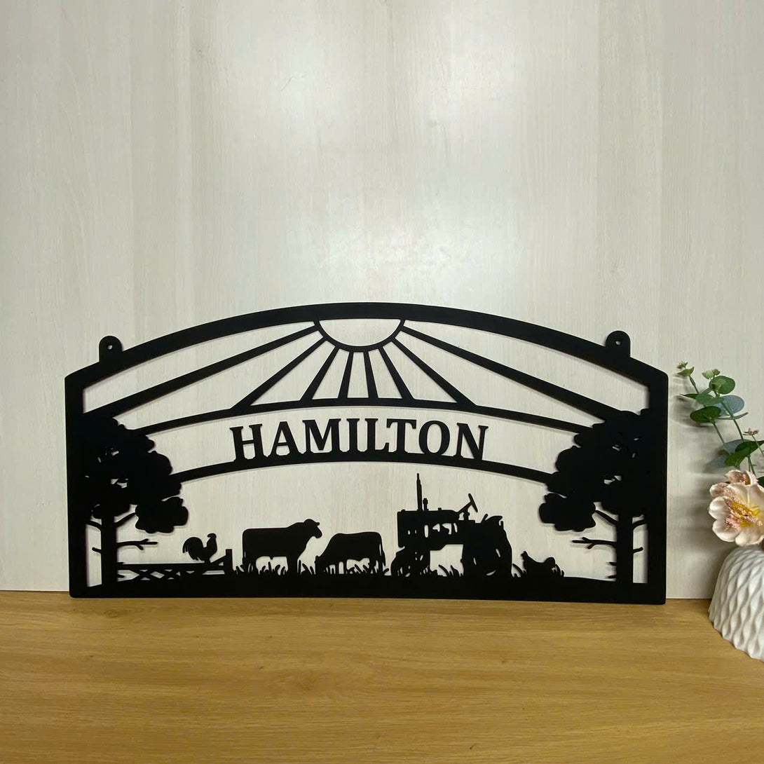 Custom Farmhouse Metal Wall Sign, Personalized Farm Animal Metal Wall Art, Farm With Tractor Metal Entrance Sign, Rustic Farm Scene Metal Hanging Sign