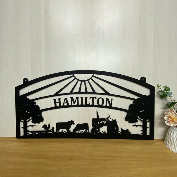 Custom Farmhouse Metal Wall Sign, Personalized Farm Animal Metal Wall Art, Farm With Tractor Metal Entrance Sign, Rustic Farm Scene Metal Hanging Sign
