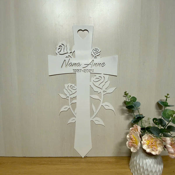Personalized Cross With Rose Flowers Metal Yard Stake, Custom Cross Grave Marker Metal Garden Stake, Memorial Cross Metal Garden Sign, Sympathy Sign