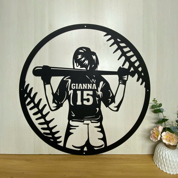 Custom Girl Baseball Metal Wall Art, Personalized Softball Player Metal Name Sign, Baseball Lovers Kid Nursery Metal Wall Sign Decor