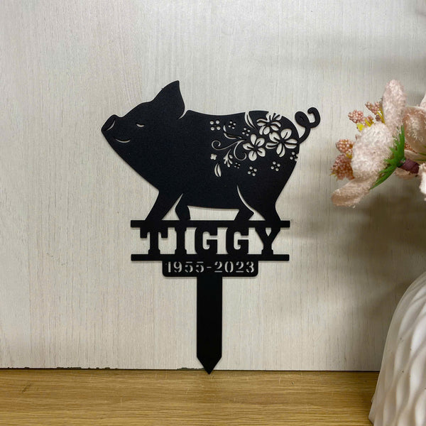 Custom Pig Memorial Metal Garden Stake, Personalized Pig Loss Metal Stake, Floral Pig Farm Remembrance Stake, Farm Animal Metal Grave Marker