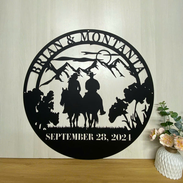 Personalized Couple Cowboy Cowgirl Metal Wall Art, Cowboy Couple Metal Sign With Name, Custom Family Name Metal Wall Sign, Metal Western Cowboy Sign