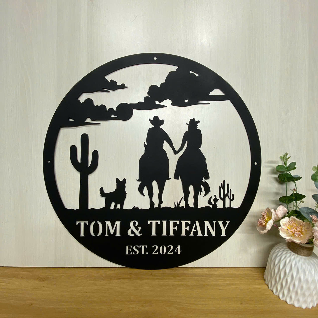 Custom Cowboy Cowgirl Couple Riding Horse Metal Sign, Desert Cactus Western Cowboy Metal Wall Art Decor, Personalized Family Name Metal Sign