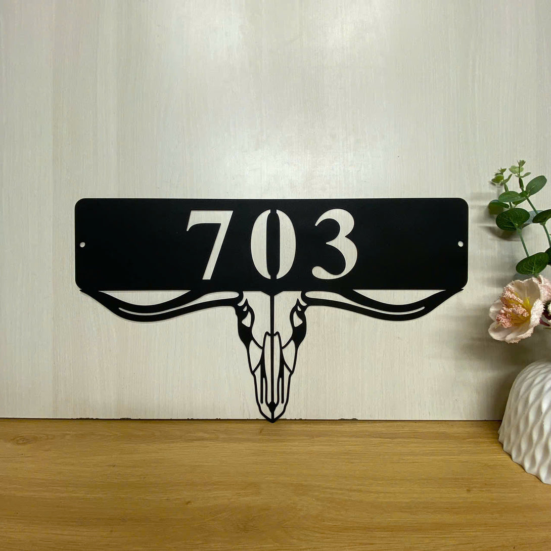 Custom Longhorn Cow Skull Metal Address Sign, Personalized Texas Longhorn Metal Sign, Western Longhorn Farm Metal Sign, Cattle Farmhouse Ranch Decor